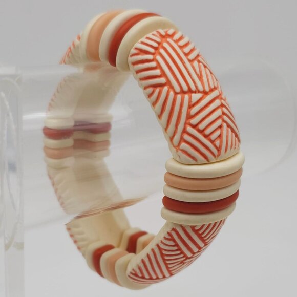 Vintage Inspired Tribal Stretch Bracelet Ivory  Burnt Orange Geometric Design - Picture 3 of 4